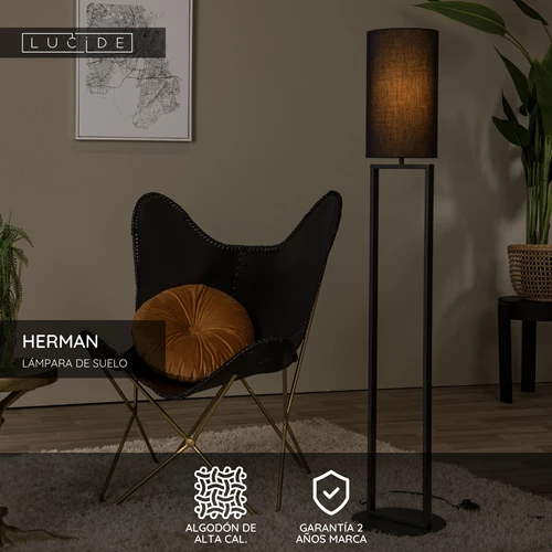 Lucide HERMAN - Lámpara de suelo - Ø 26 cm - 1xE27 - Negro - USP